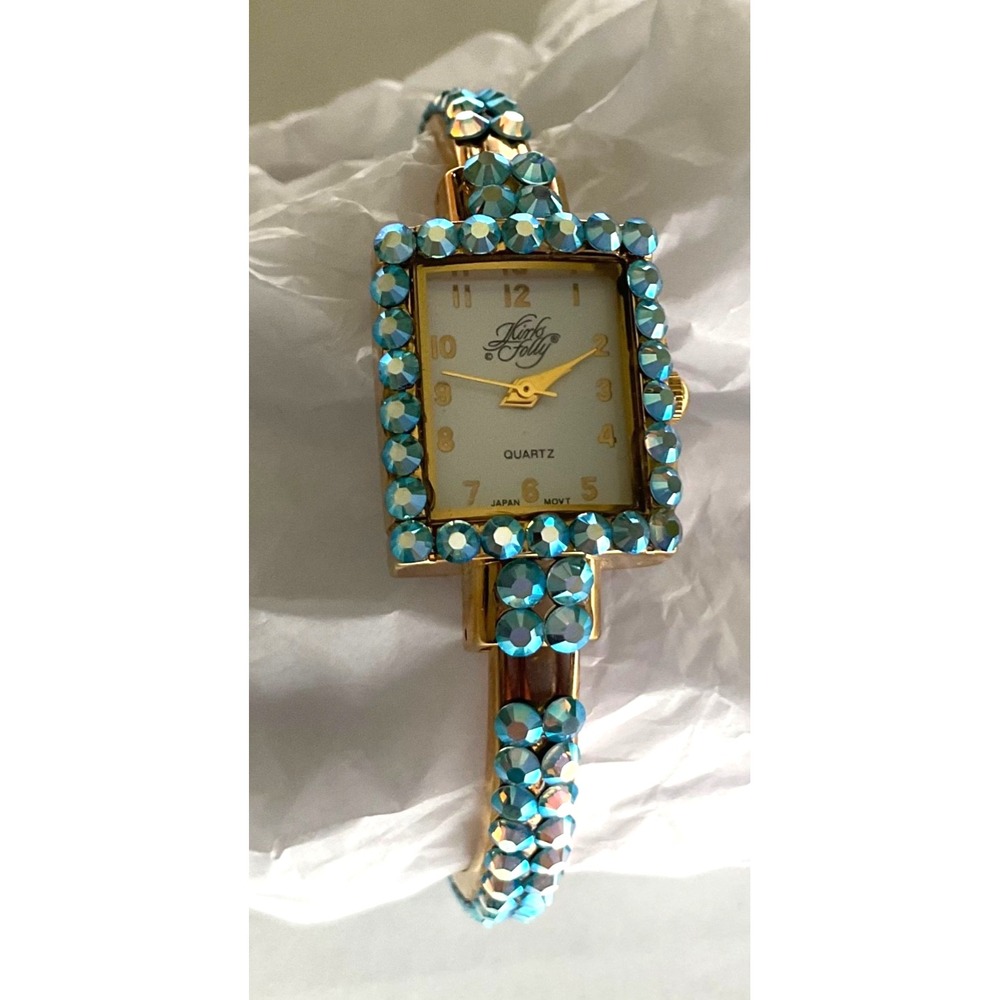 KIRKS FOLLY AURORA BOREALIS WATCH 6" Wrist Gold-Toned PEACOCK BLUE NEW BATTERY!!